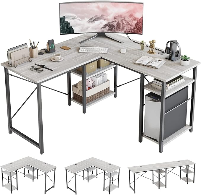 Bestier L Shaped Desk with Shelves 75 Inch Reversible Corner Computer Desk or 2 Person Long Table, Writing Study Desk for Home Office Small Space Bedroom Apartment, Wash White - LeafyLoom
