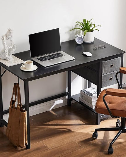 Sweetcrispy Computer Desk with Drawers 48 Inch Office Writing Work Kids Study 2-Tier Wood Corner Table with Storage Drawers Shelf for Bedroom Home Office - Black - LeafyLoom
