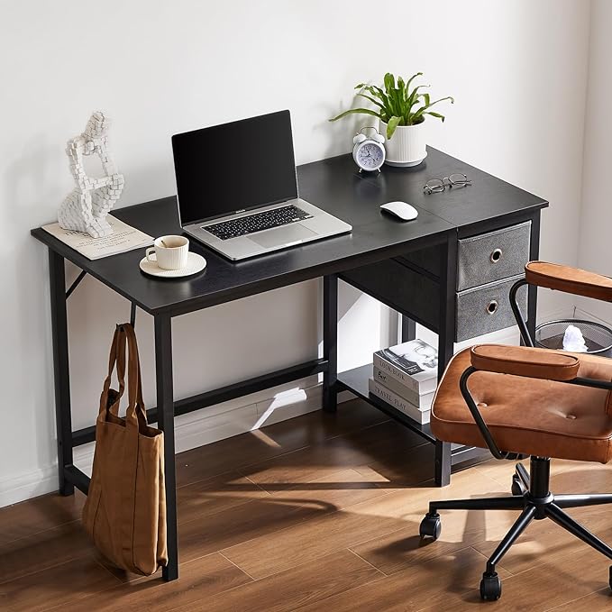 Sweetcrispy Computer Desk with Drawers 48 Inch Office Writing Work Kids Study 2-Tier Wood Corner Table with Storage Drawers Shelf for Bedroom Home Office - Black - LeafyLoom
