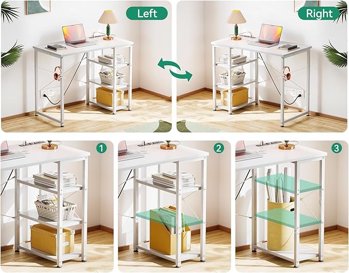 AODK Laptop Desk Small Desk, 32 Inch Computer Desk with Power Outlet and USB & Type-C Charging Port, Writing Desk with 3-Tier Reversible Storage Shelf for Home Office, 32'' x 16'', White - LeafyLoom