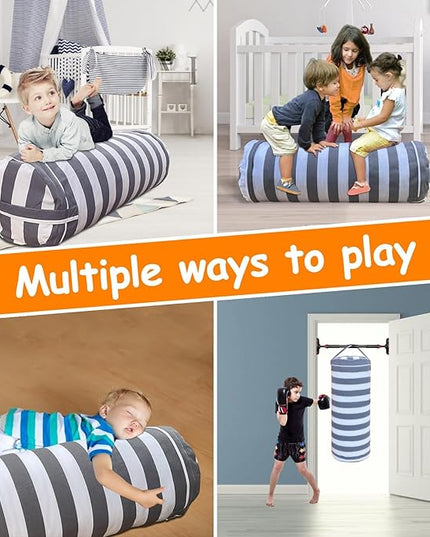Stuffed Animal Storage Bean Bag Cover for Kids, Bean Bag Stuffed Animal Storage for Boys and Girls | Organize, Sit, Play, Box | X-Large, Cylinder, 2 Zippers at Both Ends, 100% Cotton Canvas - LeafyLoom