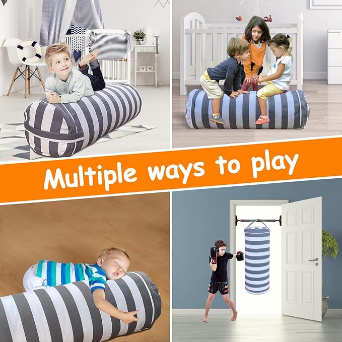 Stuffed Animal Storage Bean Bag Cover for Kids, Bean Bag Stuffed Animal Storage for Boys and Girls | Organize, Sit, Play, Box | X-Large, Cylinder, 2 Zippers at Both Ends, 100% Cotton Canvas - LeafyLoom
