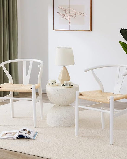 Farini Rattan Chairs for Dining Room Wishbone Chair Solid Wood Armchairs Y Shaped Backrest Hemp Seat for Home Restaurant Fully-Assembled(Set of 2,White-Beige Seat) - LeafyLoom