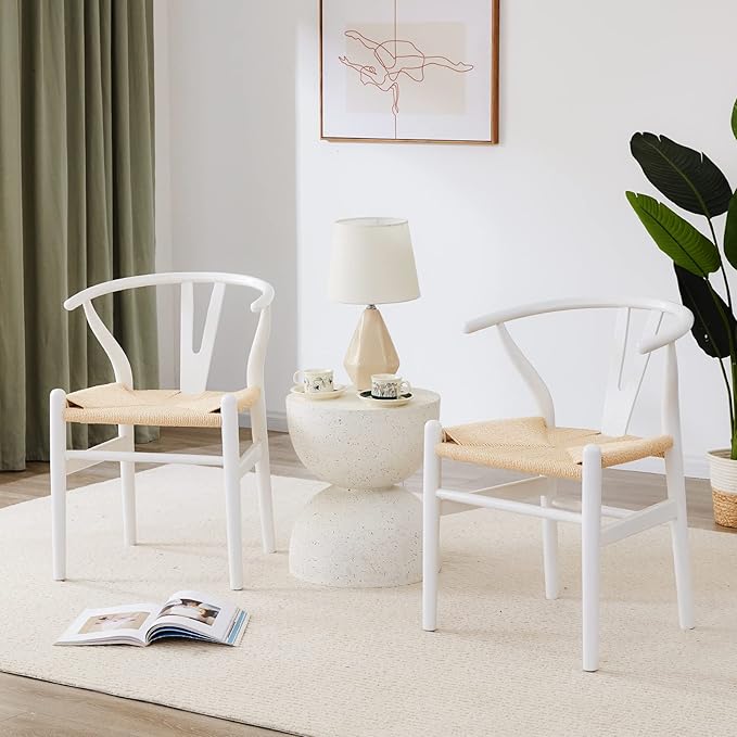 Farini Rattan Chairs for Dining Room Wishbone Chair Solid Wood Armchairs Y Shaped Backrest Hemp Seat for Home Restaurant Fully-Assembled(Set of 2,White-Beige Seat) - LeafyLoom