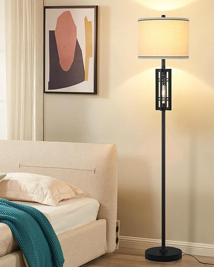 Farmhouse Floor Lamp with Night Light, Black Standing Lamp for Living Room, 2 E26 LED Bulbs Included, Industrial Floor Reading Lamp with Beige Fabric Lampshade, 64” Tall Lamp for Bedroom Office Corner - LeafyLoom
