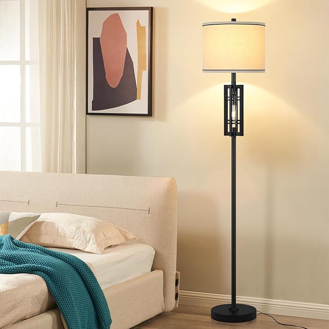 Farmhouse Floor Lamp with Night Light, Black Standing Lamp for Living Room, 2 E26 LED Bulbs Included, Industrial Floor Reading Lamp with Beige Fabric Lampshade, 64” Tall Lamp for Bedroom Office Corner - LeafyLoom