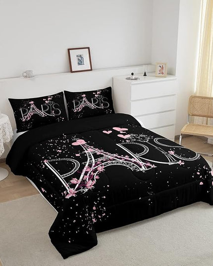Eiffel Tower Comforter Set Chic Paris Bedding Set Romantic Theme Comforter for Boys Girls Children Teens Black Pink Bedroom Decor Modern French Style Duvet Set Queen Size with 2 Pillow Case - LeafyLoom