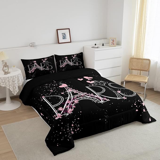 Eiffel Tower Comforter Set Chic Paris Bedding Set Romantic Theme Comforter for Boys Girls Children Teens Black Pink Bedroom Decor Modern French Style Duvet Set Queen Size with 2 Pillow Case - LeafyLoom