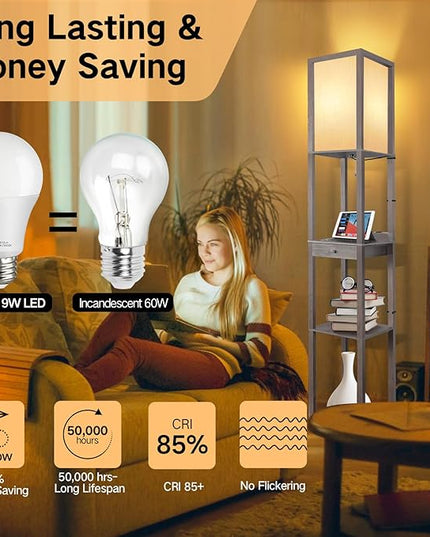 OUTON Deluxe Shelf Floor Lamp with 1 Drawer, 2 USB-C Ports, 2 AC Outlets, LED Modern Floor Lamp with 3 Color Temperature, Storage Display Wood Standing Lamp for Living Room, Bedroom, Office (Grey) - LeafyLoom