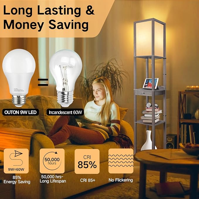 OUTON Deluxe Shelf Floor Lamp with 1 Drawer, 2 USB-C Ports, 2 AC Outlets, LED Modern Floor Lamp with 3 Color Temperature, Storage Display Wood Standing Lamp for Living Room, Bedroom, Office (Grey) - LeafyLoom