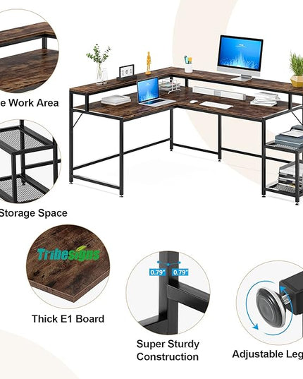 L-Shaped Computer Desk, Extra Large, Brown - LeafyLoom