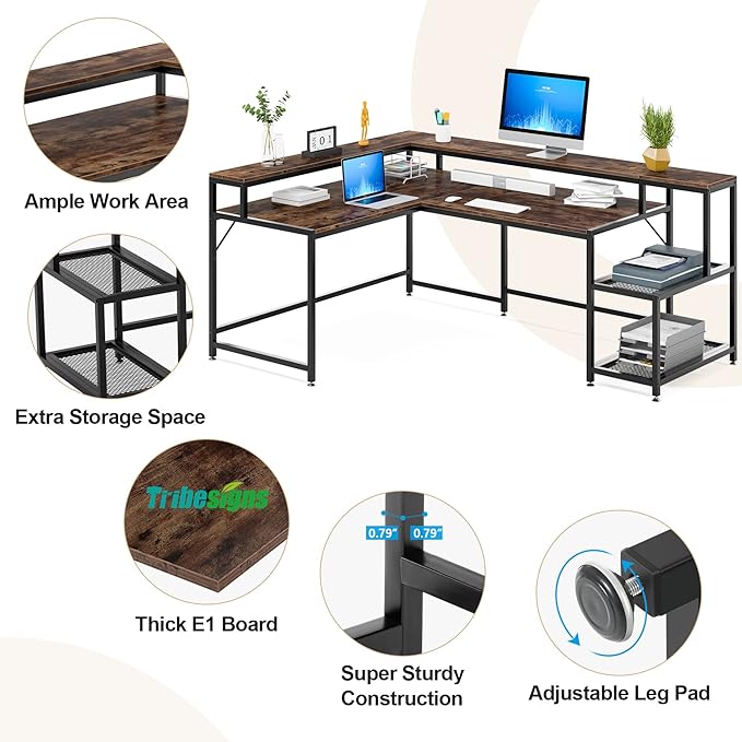 L-Shaped Computer Desk, Extra Large, Brown - LeafyLoom