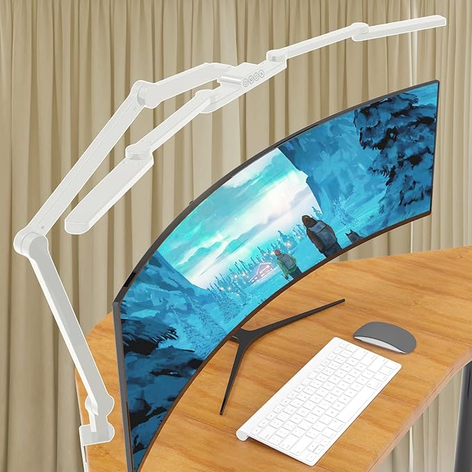 LED Desk Lamp for Home Office, 41.5" White Clip on Architect Desk Lamp with Clamp, 24W Adjustable Bright Swing Arm LED Desk Light Clamp on Office Lamp Dimmable Eye Care Table Light - LeafyLoom