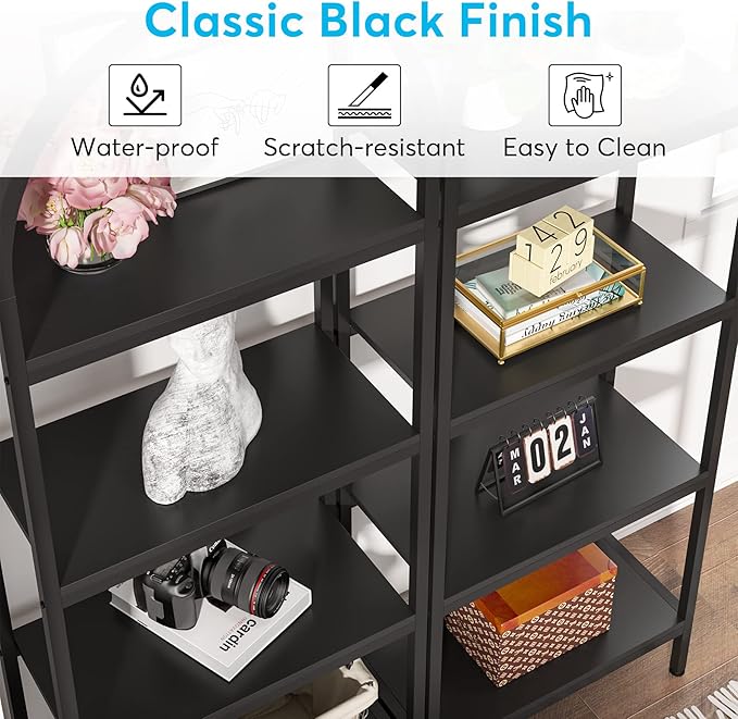 4-tier Arched Bookshelf, Tall Open Bookcase Storage Shelves, Wood Metal Freestanding Display Rack Tall Shelving Unit for Home Office, Bedroom, Living Room, Industrial Black - LeafyLoom