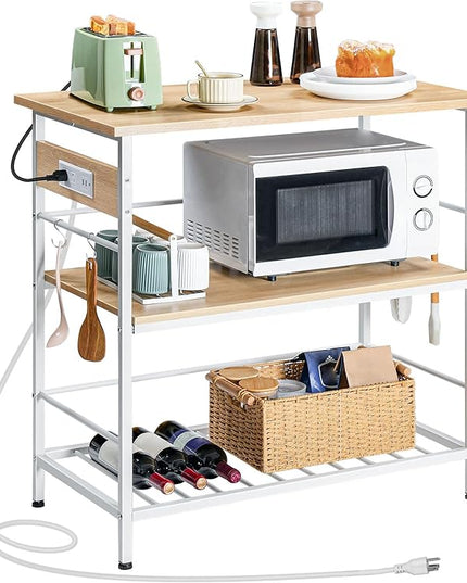 HOOBRO Kitchen Island with Storage, Kitchen Island Table with Power Outlet, 3 Tier Coffee Station and Microwave Stand, for Home, Kitchen and Dining Room, Natural and White WN021ZD01 - LeafyLoom