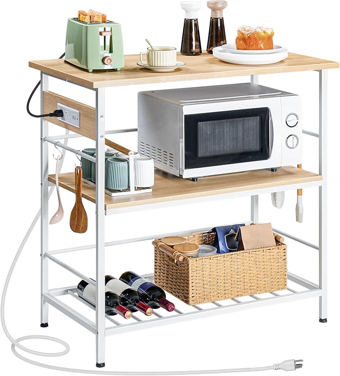 HOOBRO Kitchen Island with Storage, Kitchen Island Table with Power Outlet, 3 Tier Coffee Station and Microwave Stand, for Home, Kitchen and Dining Room, Natural and White WN021ZD01 - LeafyLoom