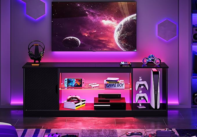 Bestier Led Entertainment Center for PS5, Gaming TV Stand with Cabinet for 60/65 Inch TV, Modern TV Console with Adjustable Glass Shelf for Living Room Easy Assembly Carbon Fiber Black - LeafyLoom