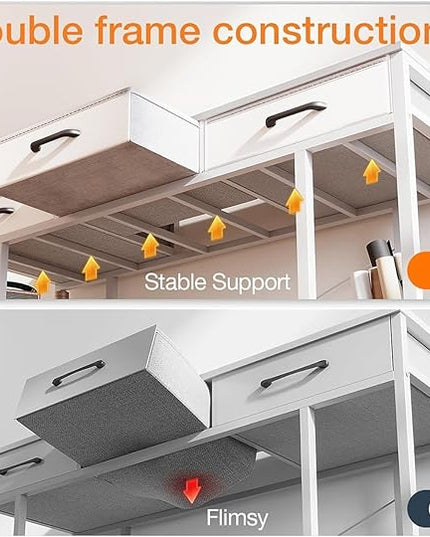 ODK Office Small Computer Desk: Home Table with Fabric Drawers & Storage Shelves, Modern Writing Desk, White, 48"x16" - LeafyLoom