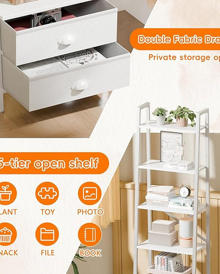 Furologee 5-Tier Ladder Shelf with 2 Drawers,Narrow Bookshelf Storage Shelves,Industrial Bookcase Freestanding Shelf Units for Bedroom,Living Room,Bathroom,Home Office,Balcony,Wood Metal, White - LeafyLoom
