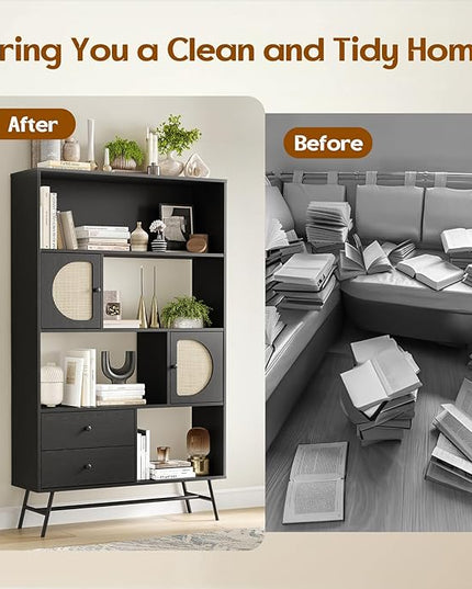 Soohow 4 Shelf Bookcase and Bookshelves with Drawer, 65” Tall Bookcases with Storage Shelves, Bookshelves and Bookcases with Rattan Cabinet and Metal Legs for Home Office, Living Room and Bedroom. - LeafyLoom