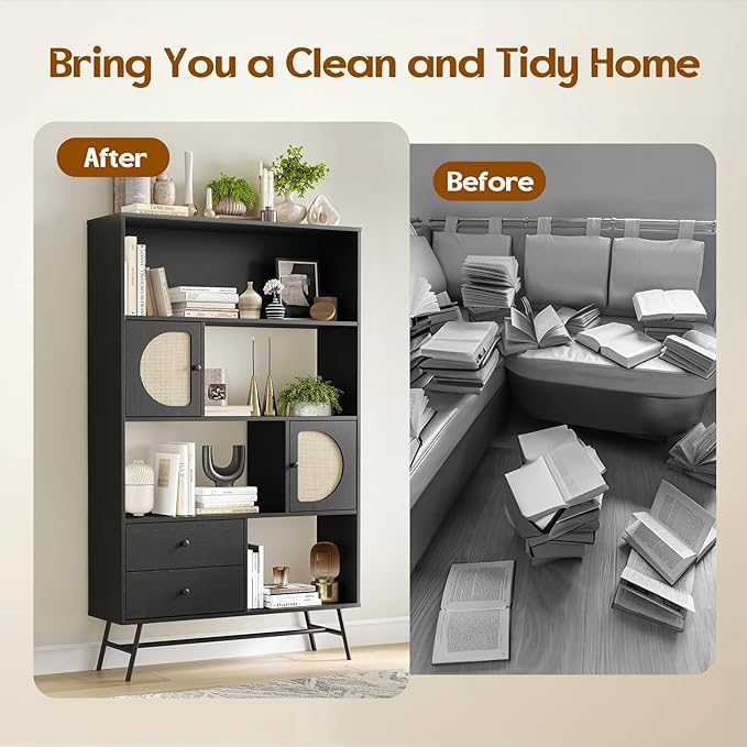 Soohow 4 Shelf Bookcase and Bookshelves with Drawer, 65” Tall Bookcases with Storage Shelves, Bookshelves and Bookcases with Rattan Cabinet and Metal Legs for Home Office, Living Room and Bedroom. - LeafyLoom