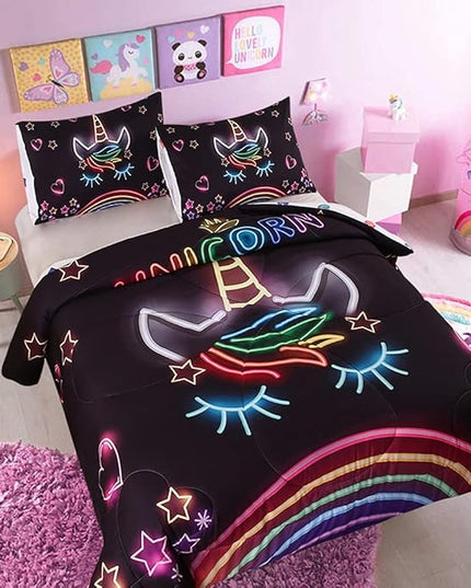 Cute Unicorn Comforter Sets Rainbow Soft Girls Comforter Sets 3pc Pink Flower Girl Unicorn Bedding Sets - LeafyLoom