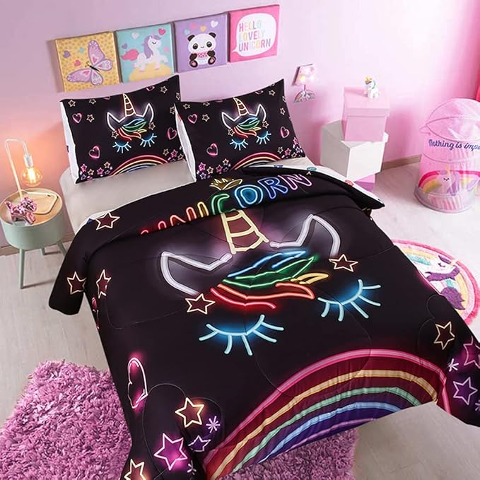 Cute Unicorn Comforter Sets Rainbow Soft Girls Comforter Sets 3pc Pink Flower Girl Unicorn Bedding Sets - LeafyLoom