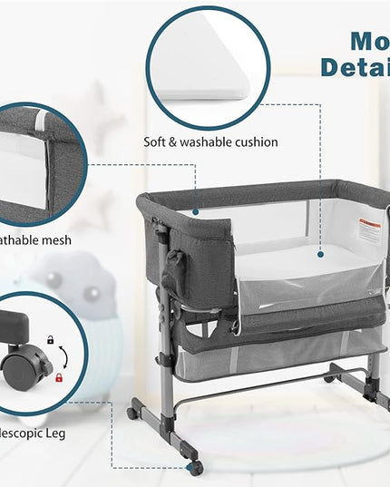 Bedside Crib,3 in 1 Baby Crib Adjustable Portable Bed for Infant,Baby Bassinet with Mosquito net Baby Newborn Must Have Bed,Grey - LeafyLoom