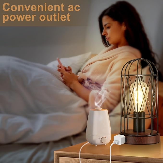 Industrial Table Lamp, Small Touch Control Edison Desk Lamp 3 Way Dimmable Vintage Bedside Lamp with AC Outlet Metal Cage Steampunk Nightstand Lamp for Living Room, Bedroom or Den - LeafyLoom