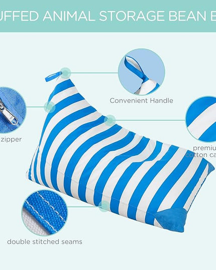 Aubliss Stuffed Animal Storage Bean Bag Chairs Cover, 50"x 35" Extra Large Bean Bags Chair for Kids & Adults, Beanbag Toy Storage for Boys Girls - Premium Cotton Canvas Blue Stripe - LeafyLoom