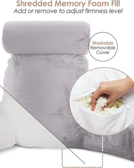 Clara Clark Reading Pillow, Large Back Pillow for Sitting Up in Bed, Memory Foam Back Support Pillow, Reading Pillows for Sitting in Bed Adult Grey Lavender Sit Up Pillow for Bed with Arms and Pockets - LeafyLoom