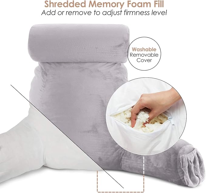 Clara Clark Reading Pillow, Large Back Pillow for Sitting Up in Bed, Memory Foam Back Support Pillow, Reading Pillows for Sitting in Bed Adult Grey Lavender Sit Up Pillow for Bed with Arms and Pockets - LeafyLoom