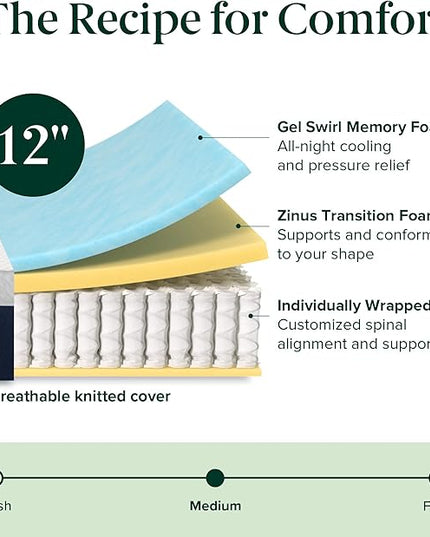 ZINUS 12 Inch Cooling Comfort Hybrid Mattress [New Version], Full, Fiberglass free, Medium Firm Feel, Motion Isolation, Certified Safe Foams & Fabric, Mattress in A Box - LeafyLoom