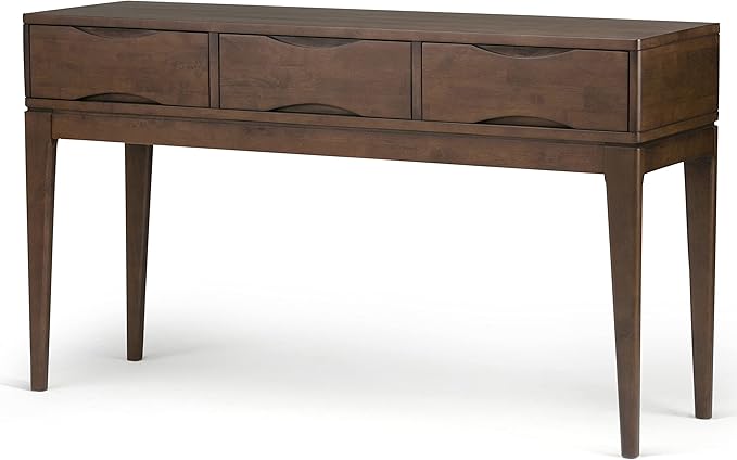 SIMPLIHOME Harper SOLID WOOD 54 inch Wide Mid Century Modern Console Sofa Entryway Table in Walnut Brown with Storage, 3 Drawers , for the Living Room, Entryway and Bedroom - LeafyLoom