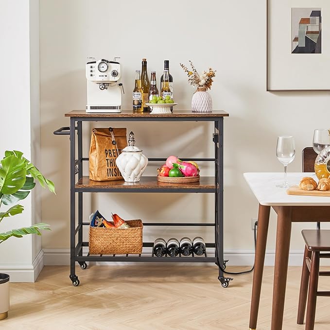 IBUYKE Kitchen Island with 3 Shelves, Island Table for Kitchen with Power Outlet,Kitchen Cart with Large Worktop,Rolling Bar Cart for Home, Outdoor, Kitchen, Living Room TMJ024H - LeafyLoom