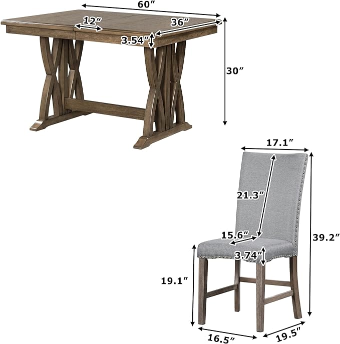 Mid-Century Extendable 6 Upholstered Chairs, Solid Wood Rectangular w/12 Leaf, Easy Clean & Assembly, for Kitchen, Room, 7 Piece Dining Table Set, Gray 1 - LeafyLoom
