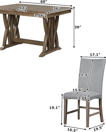 60 Inch Dining Table Set for 6, Mid-Century Solid Wood Extendable Dining Table with Upholstered Chairs and 12" Leaf, Kitchen Table Set for Living Room, Golden Brown+Grey - LeafyLoom