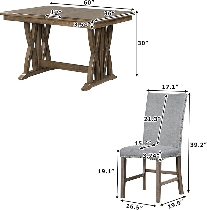 60 Inch Dining Table Set for 6, Mid-Century Solid Wood Extendable Dining Table with Upholstered Chairs and 12" Leaf, Kitchen Table Set for Living Room, Golden Brown+Grey - LeafyLoom