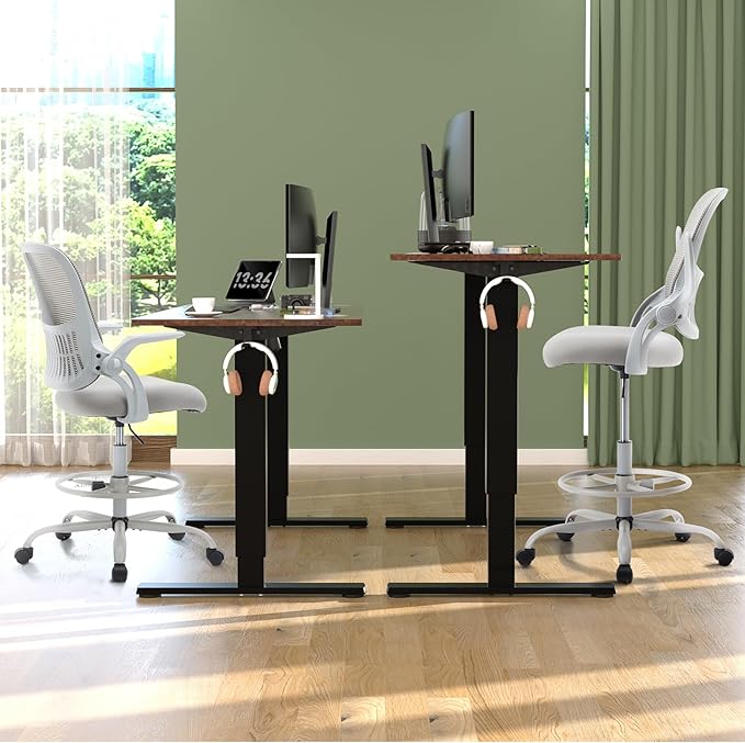 SMUG Drafting Chair, Tall Office Chair Tall Standing Desk Chair Counter Height Adjustable Office Chair with Flip-up Arms, Mid Back Mesh Office Drafting Chair, Grey - LeafyLoom