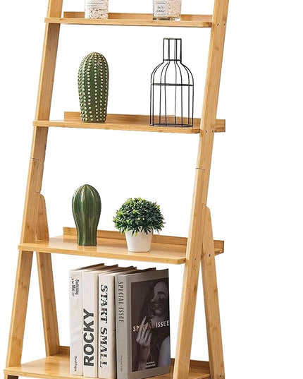DOUSY- 4-Tier Bamboo Ladder Shelf Ladder Bookshelf Plant & Flower Stand Bookcase, Freestanding Storage Rack Organizer Display Shelf for Living Room, Home Office, Bedroom, Balcony, Natural Wood - LeafyLoom