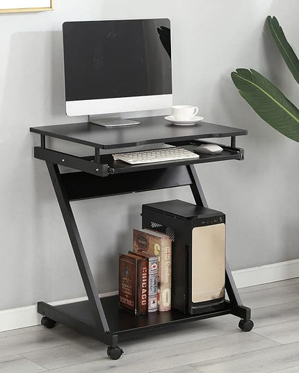 sogesfurniture Small Computer Desk on Wheels, Mobile Computer Desk Small Rolling Work Workstation with Printer Shelf and Keyboard Space Computer Workstation for Home and Office,Black - LeafyLoom