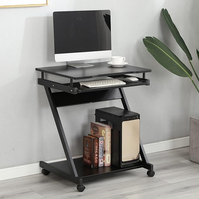 sogesfurniture Small Computer Desk on Wheels, Mobile Computer Desk Small Rolling Work Workstation with Printer Shelf and Keyboard Space Computer Workstation for Home and Office,Black - LeafyLoom
