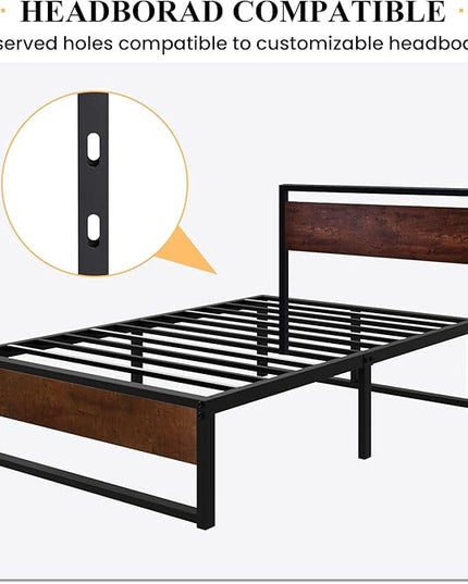 SHA CERLIN 14'' Twin Size Metal Platform Bed Frame with Rustic Wood & Reverse Holes/Ample Under-Bed Storage Space/Mattress Foundation/No Box Spring Needed/Easy Assembly - LeafyLoom