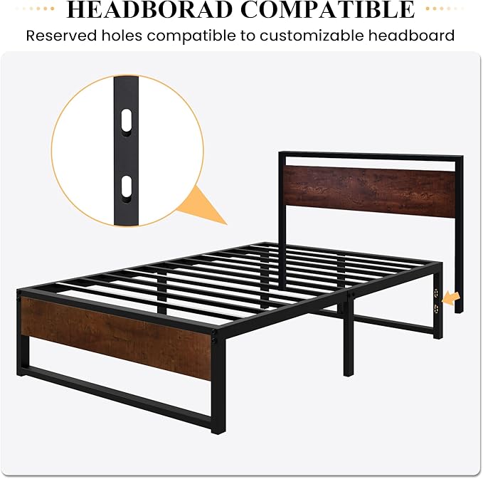 SHA CERLIN 14'' Twin Size Metal Platform Bed Frame with Rustic Wood & Reverse Holes/Ample Under-Bed Storage Space/Mattress Foundation/No Box Spring Needed/Easy Assembly - LeafyLoom