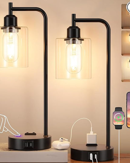 Industrial Touch Table Lamps for Bedrooms Set of 2 - 3-Way Dimmable Nightstand Lamps with USB C+A Ports and Outlet, Black Bedside Lamps with Glass Shade for Living Room, Desk Lamps for Home Office - LeafyLoom