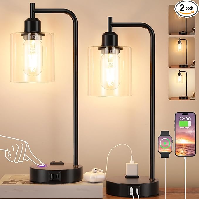 Industrial Touch Table Lamps for Bedrooms Set of 2 - 3-Way Dimmable Nightstand Lamps with USB C+A Ports and Outlet, Black Bedside Lamps with Glass Shade for Living Room, Desk Lamps for Home Office - LeafyLoom