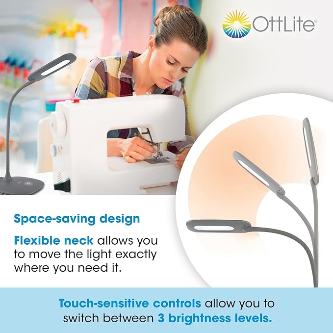 OttLite LED Soft Touch Desk Lamp - 3 Brightness Settings with Energy Efficient Natural Daylight LEDs - Adjustable Flexible Neck & Touch Controls for Tabletops, Home Office, Computer Desk, & Dorms - LeafyLoom