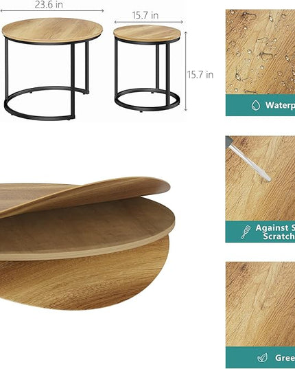 Nesting Coffee Table Set of 2, 23.6" Round Coffee Table Brown Wood with Adjustable Non-Slip Feet, Industrial End Table Side Tables for Living Room Bedroom Balcony Yard - LeafyLoom