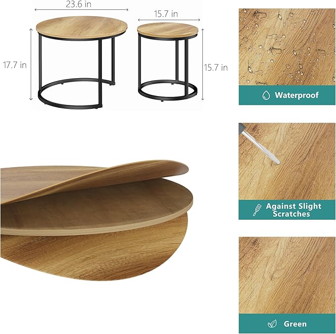 Nesting Coffee Table Set of 2, 23.6" Round Coffee Table Brown Wood with Adjustable Non-Slip Feet, Industrial End Table Side Tables for Living Room Bedroom Balcony Yard - LeafyLoom