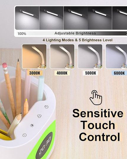 YOUKOYI LED Desk Lamp with Clock, Kids Desk Lamp, 10W Dimmable Study Lamp with Pen Holder, 4 Lighting Modes&5 Brightness Level with Color Changing Nightlight, Desk Lamps for Home Office, Gift for Kids - LeafyLoom